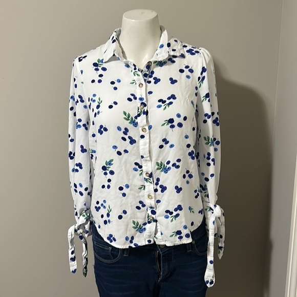Anthropologie Maeve Blueberry Blithe Button Down Top White Blue Size 4 - Picture 5 of 13